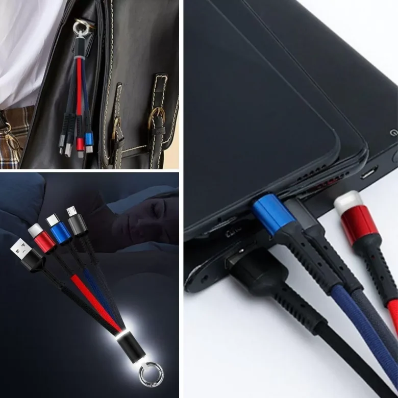 Işıklı Anahtarlık Model 3 In 1 Usb Çıkışlı Mi̇kro,type-c Ve İphone Uyumlu Şarj Kablosu